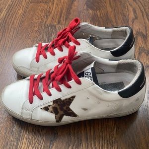 Golden Goose Superstar Leopard Calf Hair & Leather Sneakers size 36 red laces